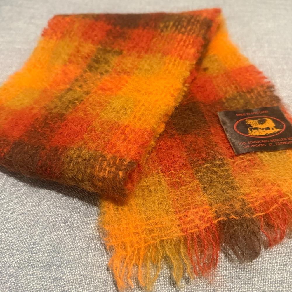 Vintage Edinburgh Woollen Mill Mohair Scarf Made in Scotland Orange Plaid Fuzzy